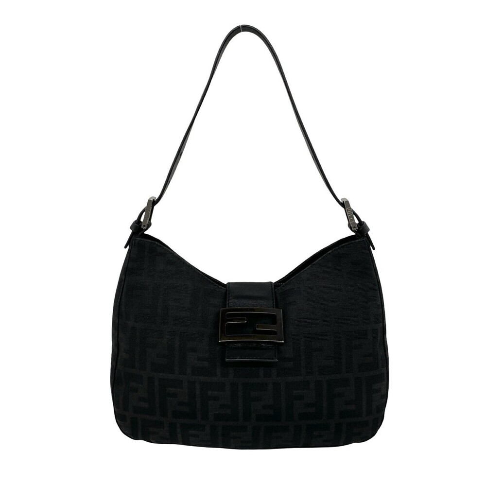 FENDI Zucca FF Logo Pattern Canvas Leather Semi-One Shoulder Bag Handbag Blac...